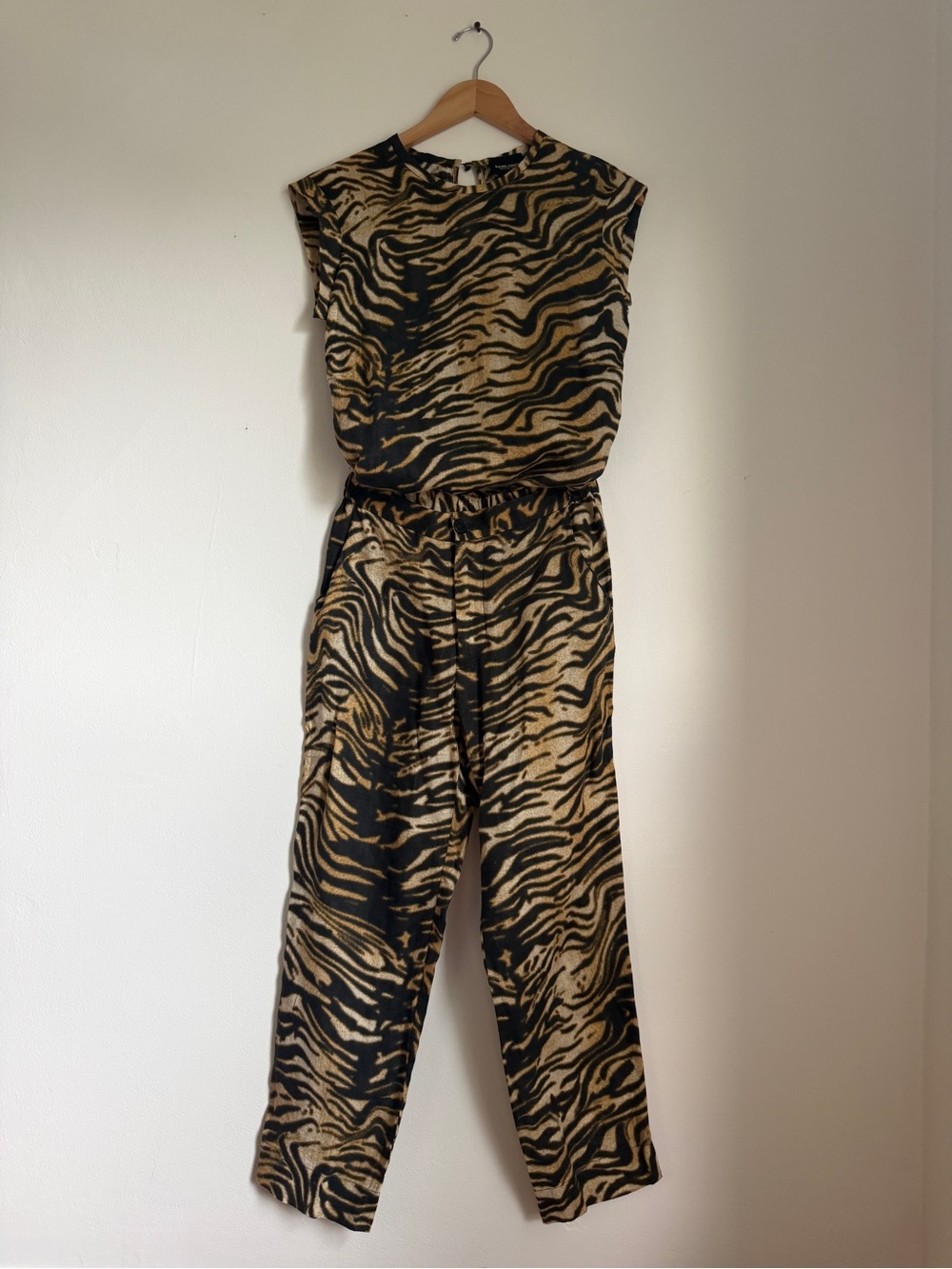 Rachel Comey Tiger-Stripe Sleeveless Two Piece Cotton Jumpsuit in Black and Tan